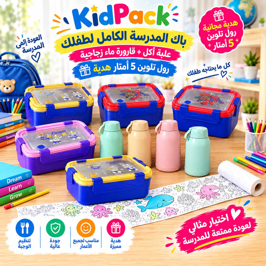 باك المدرسة الكامل لطفلك – KidPack علبة أكل + قارورة ماء زجاجية 🎁 رول تلوين 5 أمتار هدية